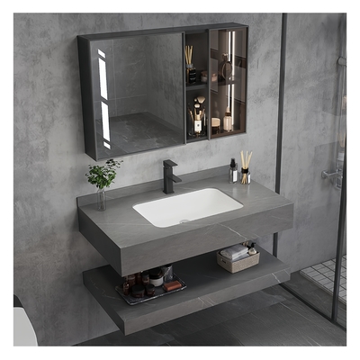 Plantillas de cuarzo rectangulares de hotel con fregadero cuadrado y gabinete de almacenamiento de baño